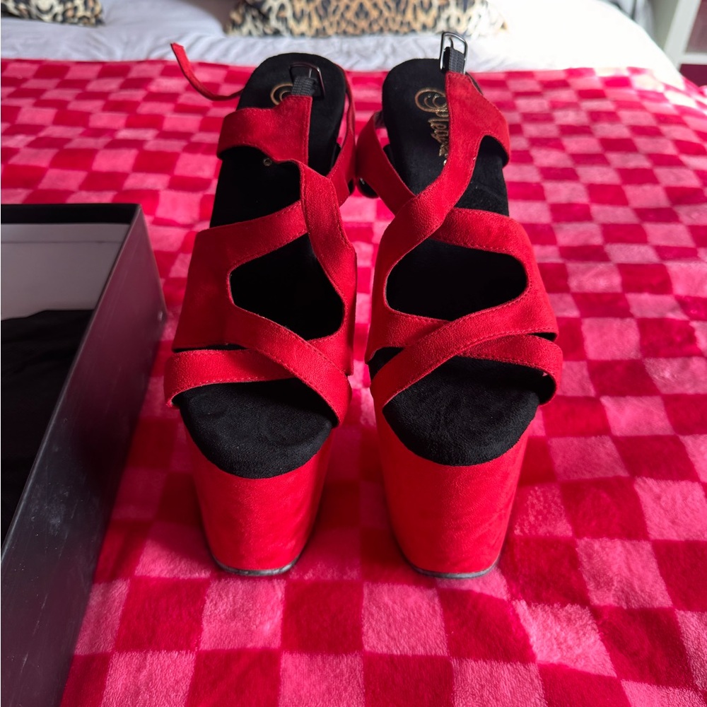 Red faux suede flamingo pleasers